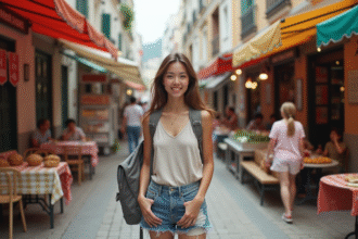Jeune femme dans un marché coloré en plein air