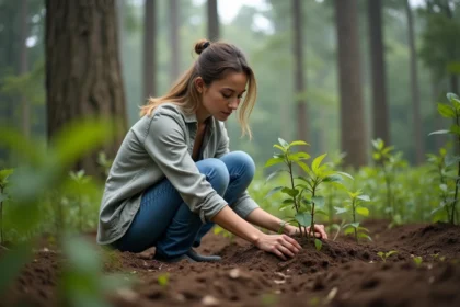 Femme inspectant jeunes plants en reforestation naturelle