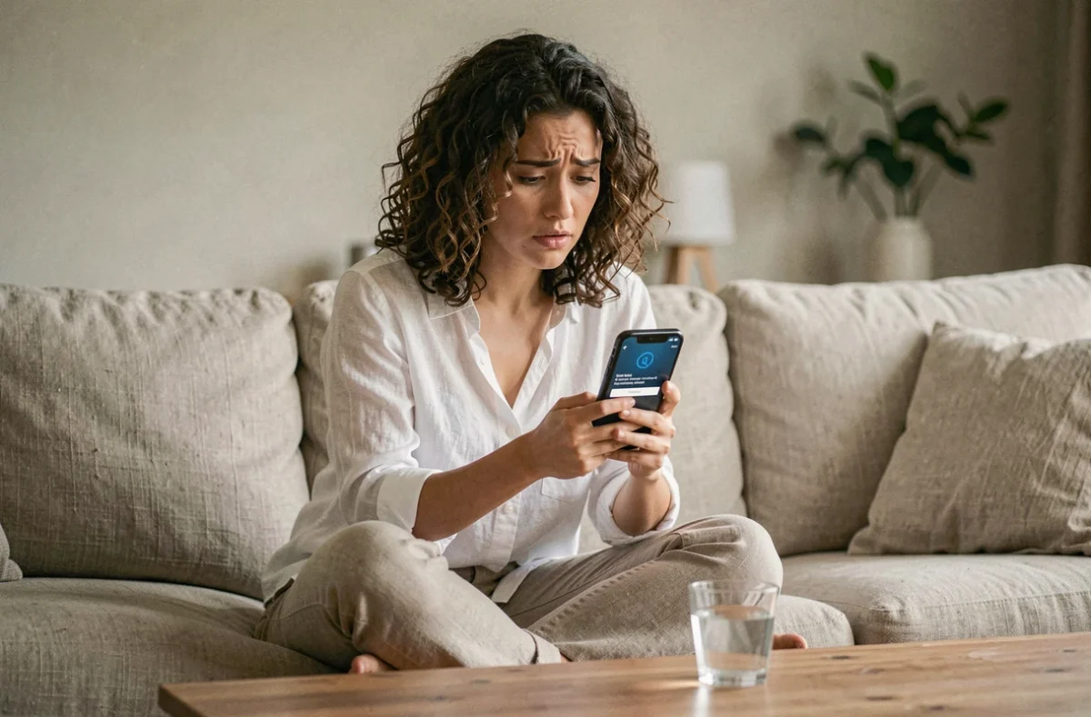 Jeune femme sur son canapé consultant son smartphone avec une erreur d'authentification Kordoz