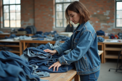 Jeune femme triant des vêtements en denim dans un atelier lumineux