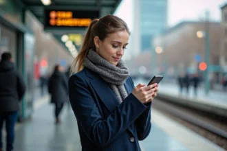 Jeune femme urbaine utilisant son smartphone sur une plateforme de tramway