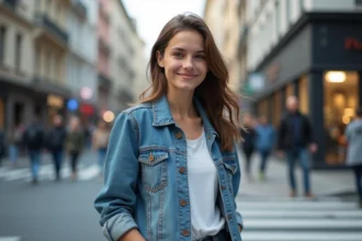 Jeune femme souriante dans la rue urbaine dynamique
