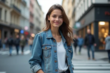 Jeune femme souriante dans la rue urbaine dynamique
