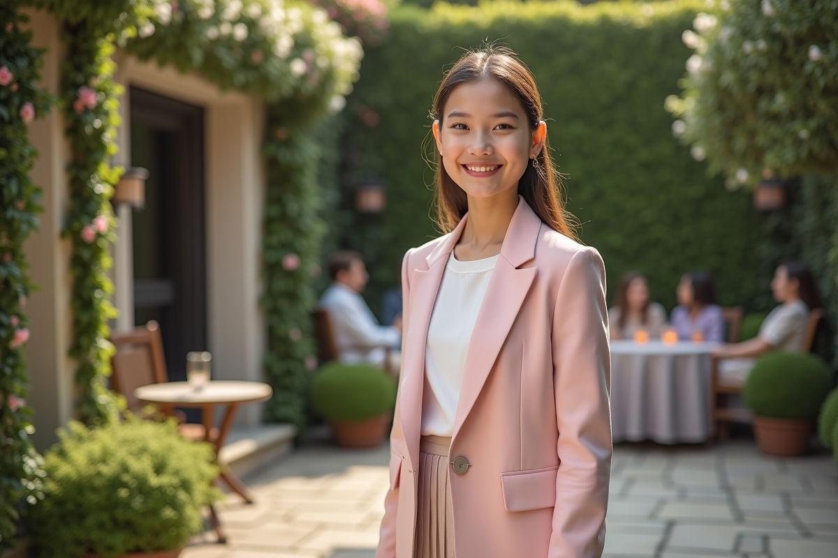 Jeune fille en blazer pastel lors d
