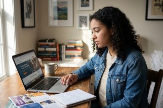 Jeune fille réfléchie utilisant un ordinateur pour l'orientation