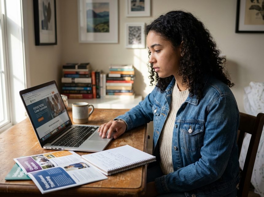 Jeune fille réfléchie utilisant un ordinateur pour l'orientation