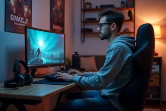 Jeune homme concentré sur son ordinateur gaming à la maison