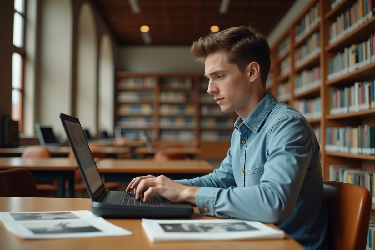 Jeune homme scannant des photos anciennes à la bibliothèque