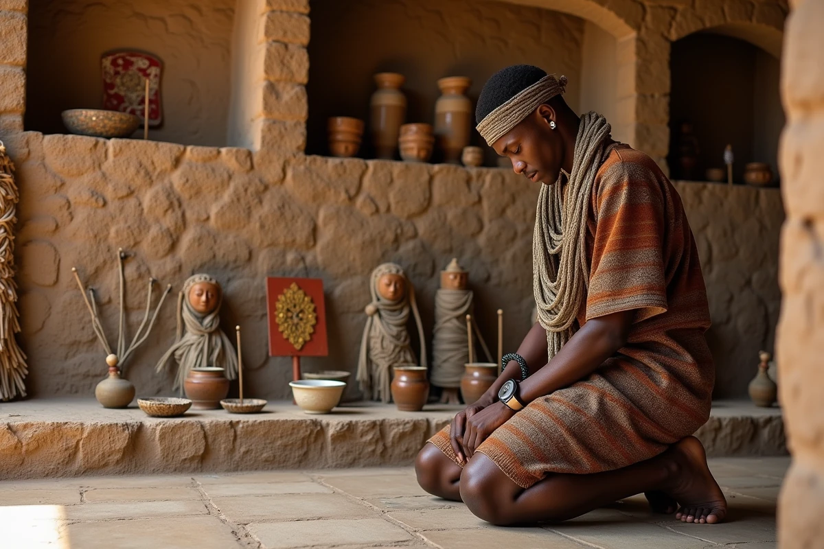 Jeune homme en tenue traditionnelle contemplant une installation d'art rituel avec panneaux peints et figurines céramiques contre un mur en pierre