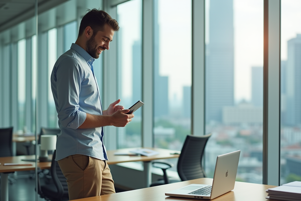 Jeune homme parlant au téléphone dans un bureau lumineux