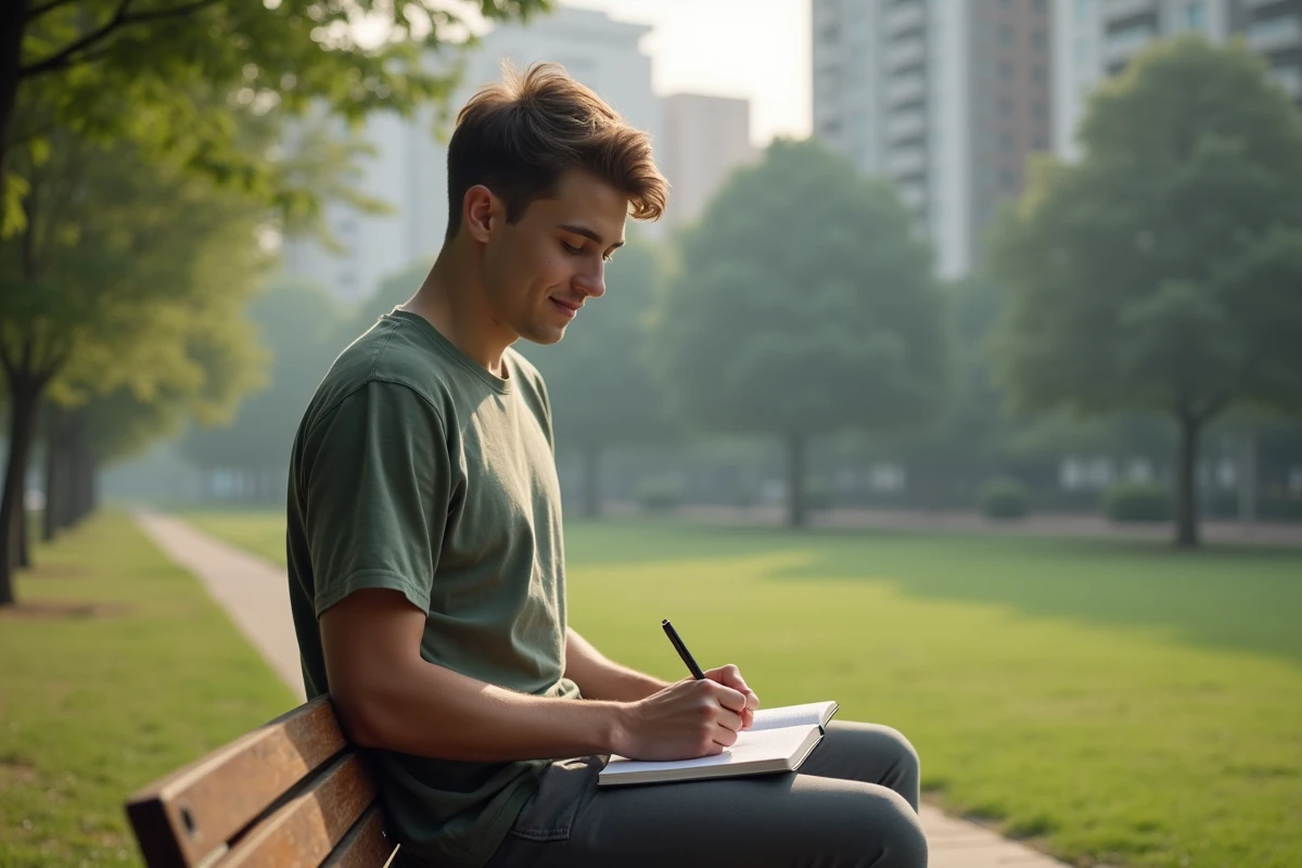 Jeune homme écrivant dans un parc en matinée
