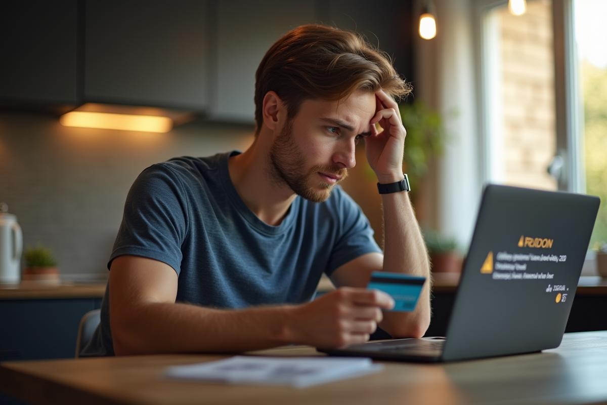 Jeune homme frustré avec carte bancaire devant son ordinateur