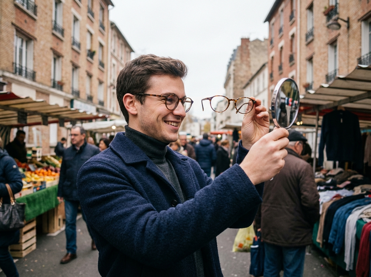 Jeune homme souriant comparant ses lunettes en plein marché