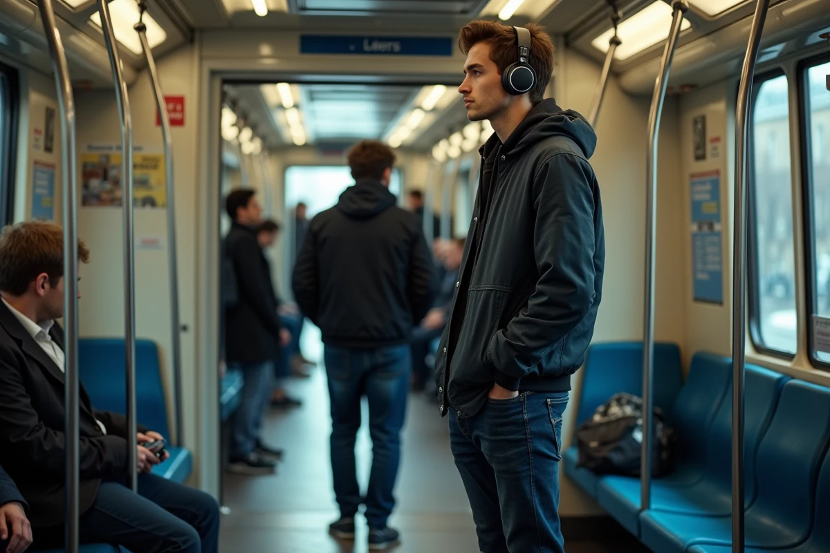 Jeune homme dans train du métro parisien