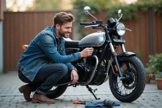 Jeune homme installant un miroir sur sa moto Skyteam