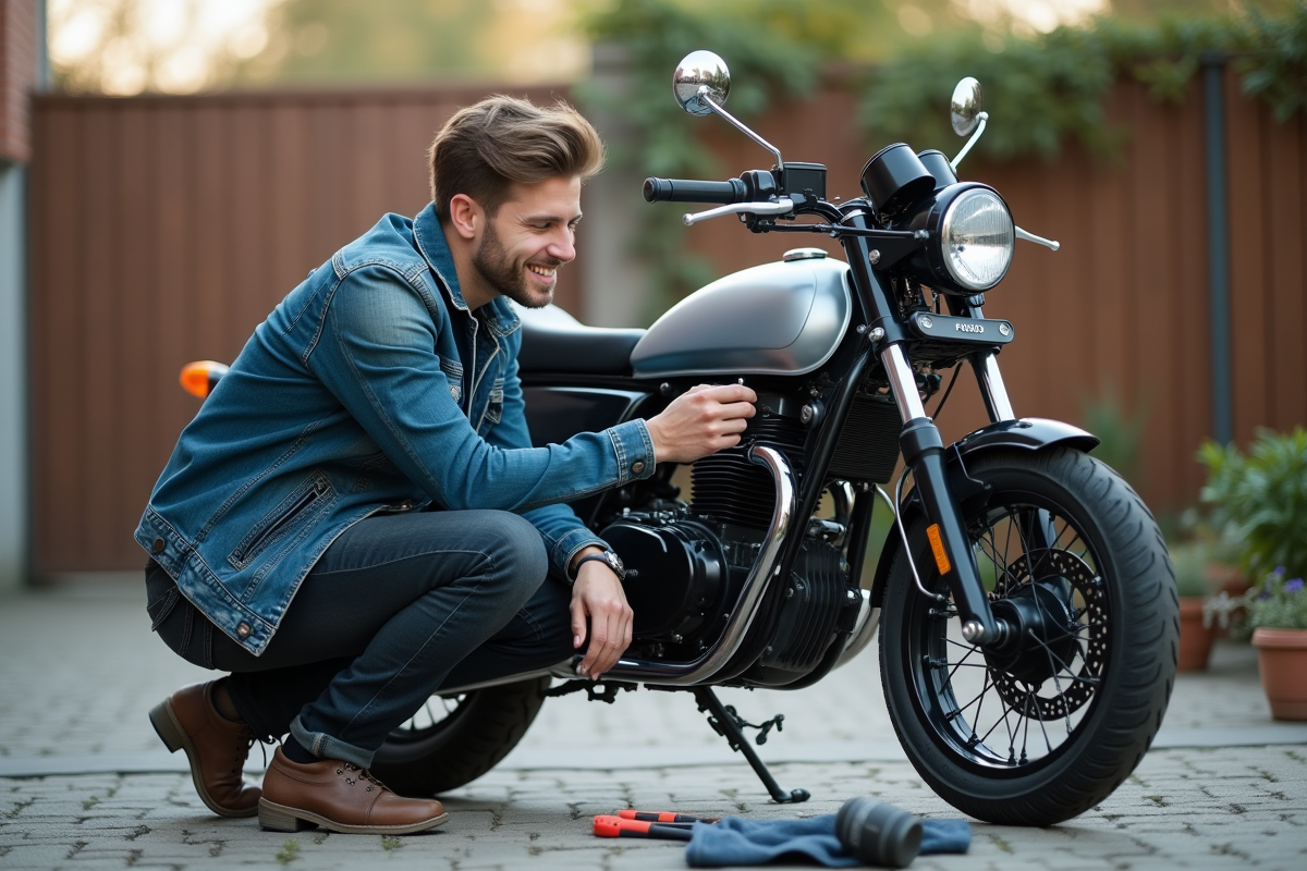 Jeune homme installant un miroir sur sa moto Skyteam