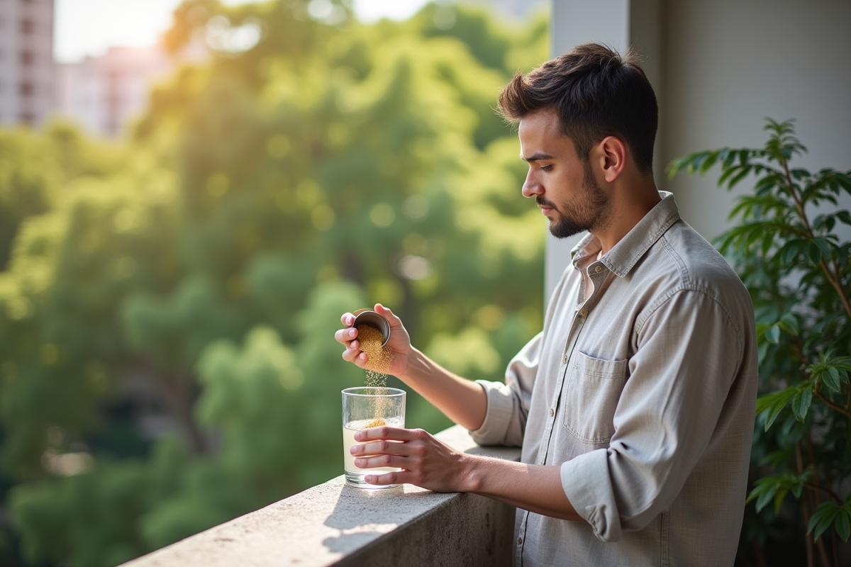 Jeune homme versant un supplément dans un verre en extérieur