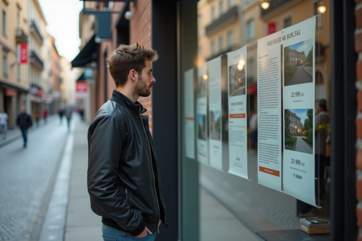 Jeune homme lit des annonces immobilières devant une vitrine