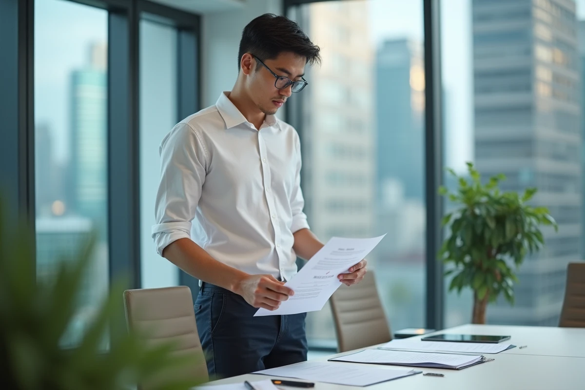 Jeune homme étudiant un document lors d