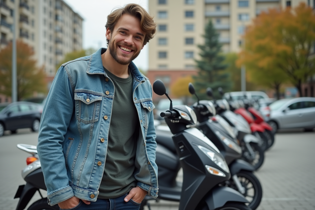 Jeune homme souriant examine des scooters d'occasion en ville