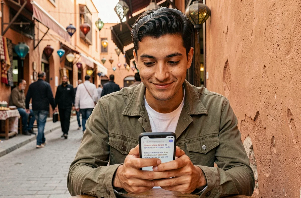 Jeune homme marocain lisant une traduction darija français sur smartphone dans un café de la médina de Marrakech