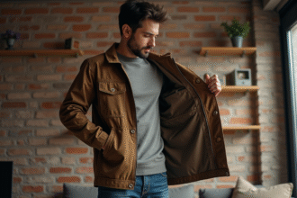 Jeune homme examinant l'étiquette d'une veste en ville