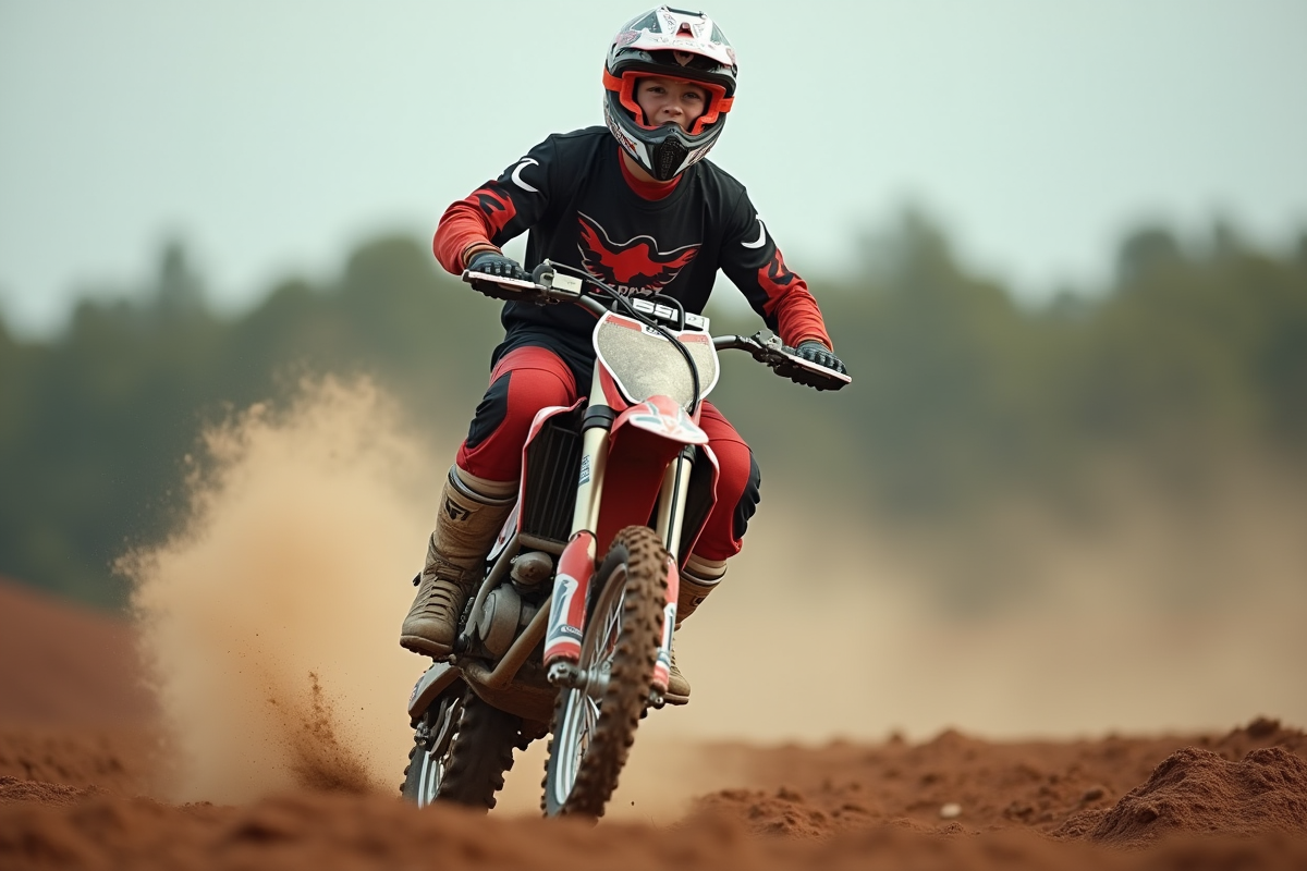Jeune motard motocross souriant sur sa moto en pleine action