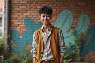 Jeune adulte nonbinaire dans un décor urbain créatif