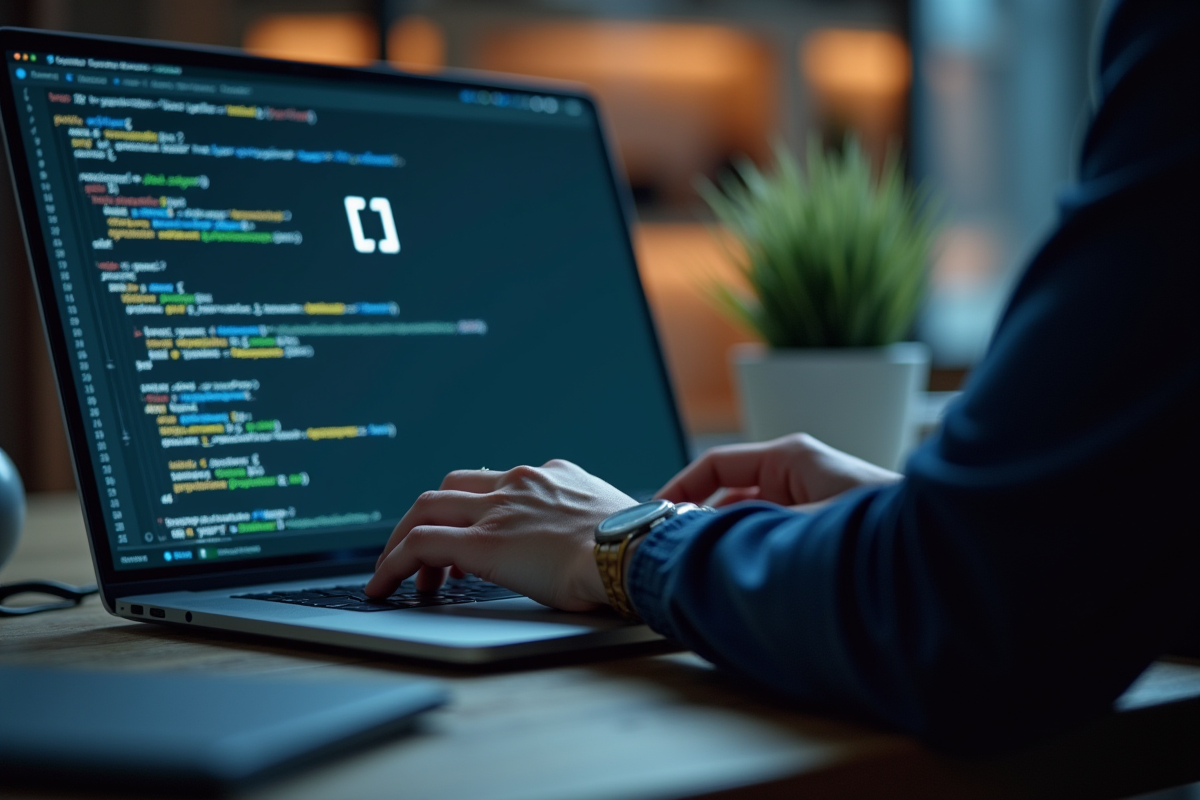 Jeune professionnel tapant du code avec symbole vertical bar sur écran