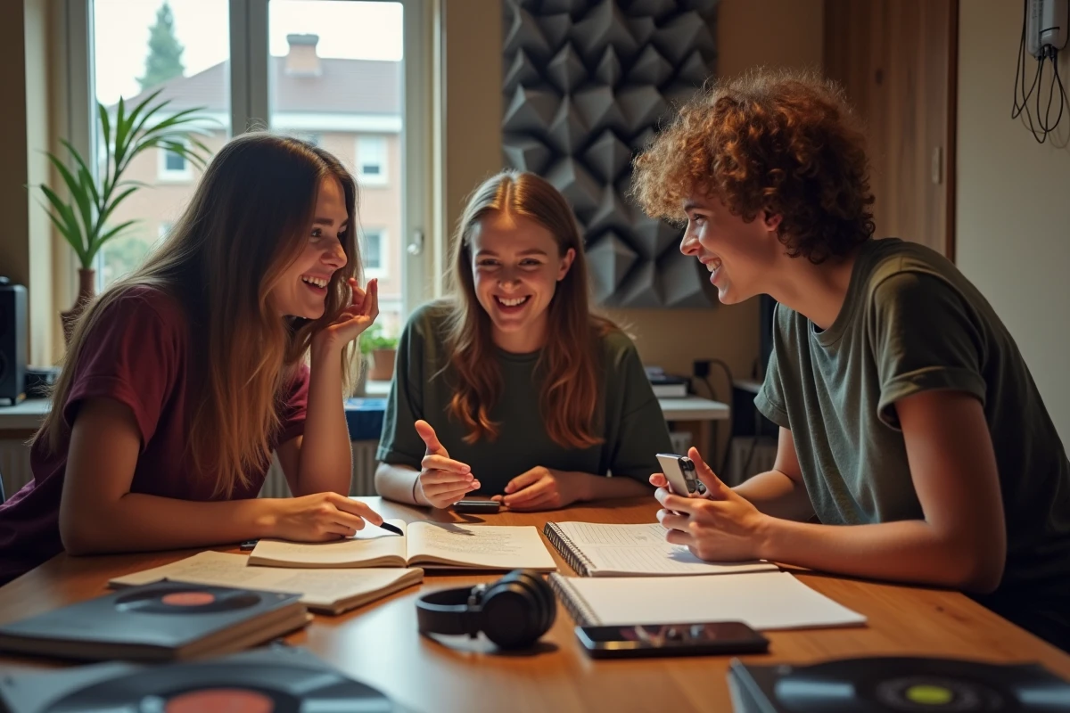 Trois jeunes en studio d’enregistrement en pleine discussion musicale