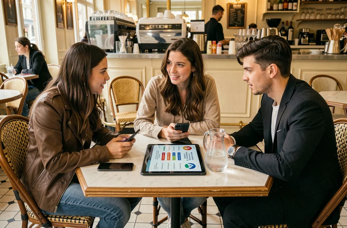 Groupe de jeunes adultes discutant d'un quiz politique républicain dans un café parisien autour d'une tablette