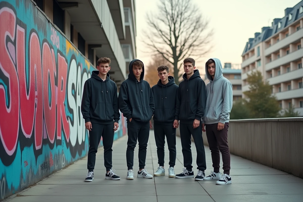 Groupe de jeunes hommes dans un quartier urbain de Vald’Oise
