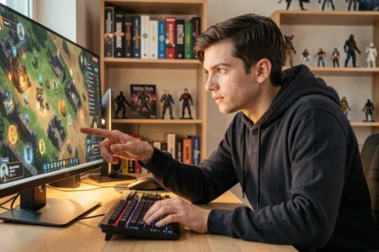 Joueur adulte consultant une carte de quête sur son écran d'ordinateur pour planifier un itinéraire de chasse dans le jeu Dofus