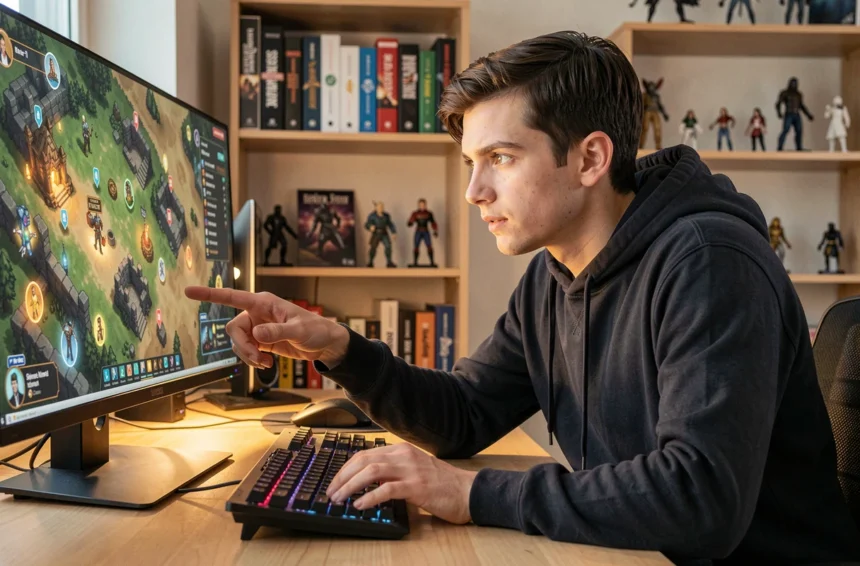 Joueur adulte consultant une carte de quête sur son écran d'ordinateur pour planifier un itinéraire de chasse dans le jeu Dofus