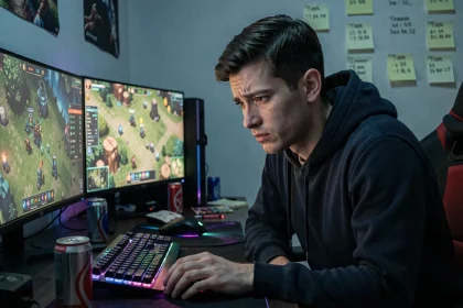 Joueur frustré devant ses écrans analysant une tier list de méta TFT qui ne fonctionne pas comme prévu