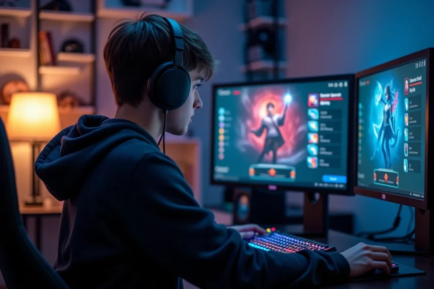 Joueur LoL concentré sur la sélection des runes et la composition de son build en solo queue sur double écran