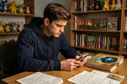 Joueur concentré analysant sa stratégie Pokémon de type Psy lors d'un nuzlocke sur Game Boy Advance entouré de notes manuscrites