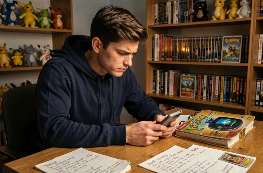 Joueur concentré analysant sa stratégie Pokémon de type Psy lors d'un nuzlocke sur Game Boy Advance entouré de notes manuscrites