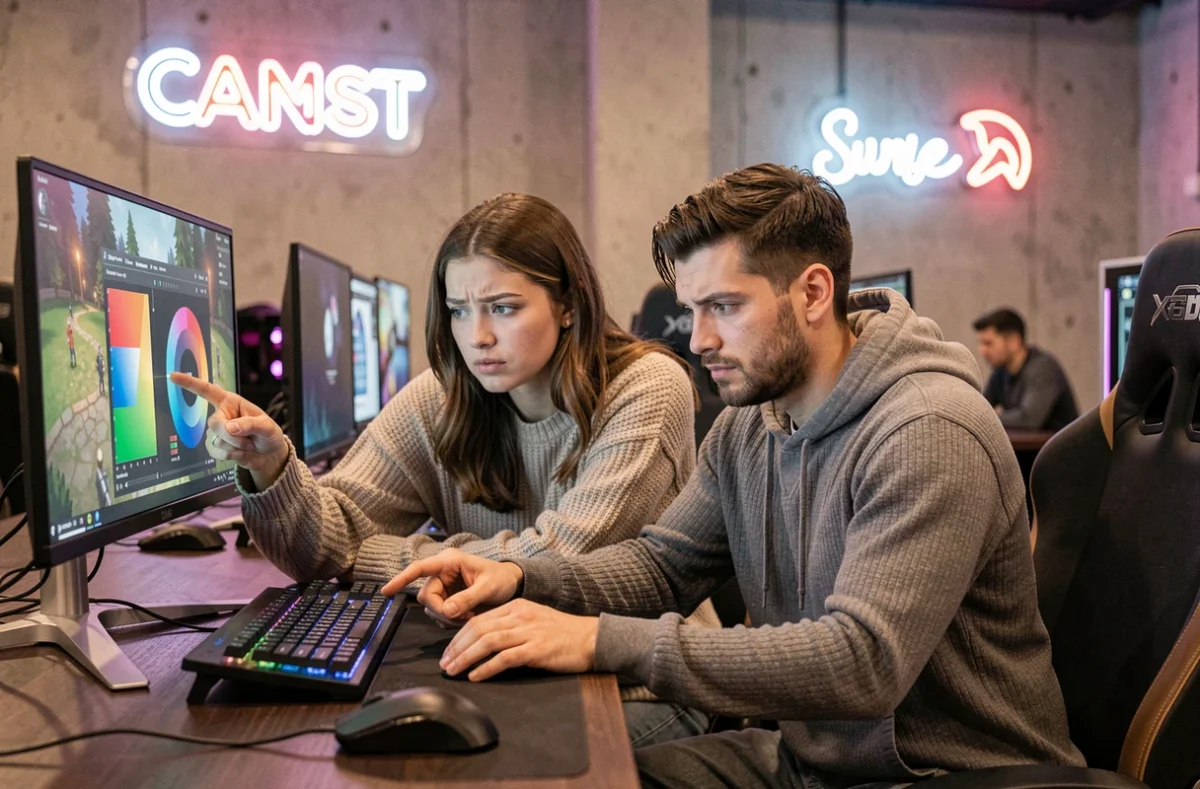 Deux joueurs comparant une tier list TFT sur tablette dans un café esports pour comprendre les compositions méta