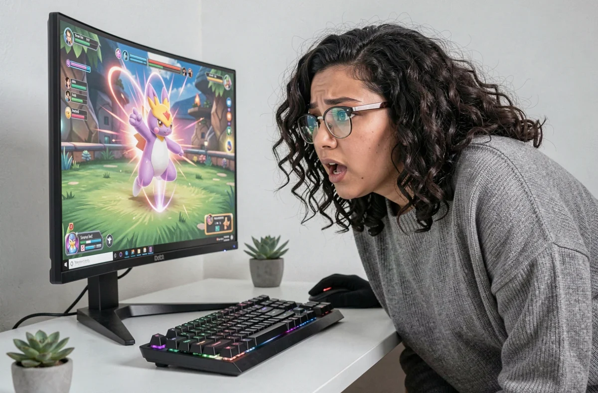 Joueuse passionnée observant un combat Pokémon de type Psy sur son écran de jeu lors d'une session nuzlocke tendue
