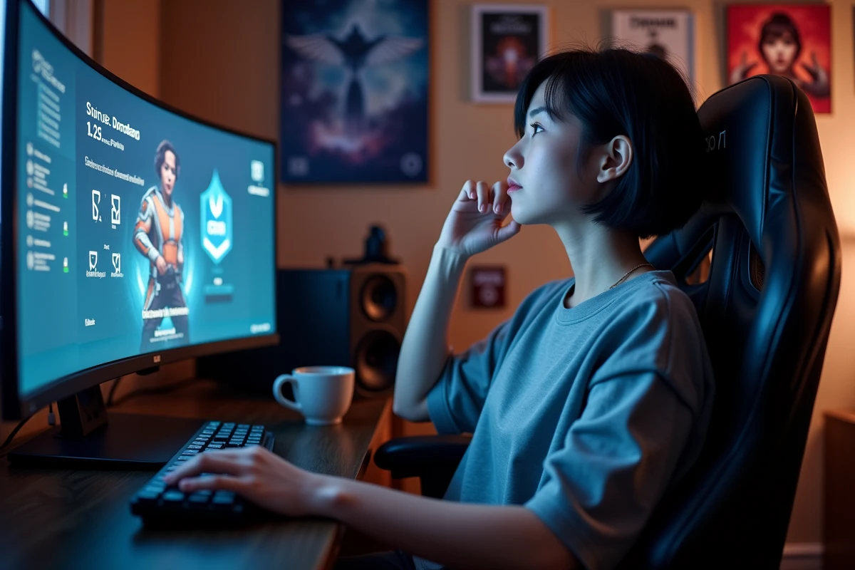 Joueuse LoL analysant ses statistiques et la performance de ses runes après une partie de solo queue sur écran ultrawide