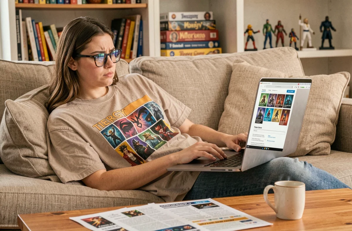 Joueuse lisant une tier list TFT sur son ordinateur portable dans un salon confortable avec des notes de stratégie
