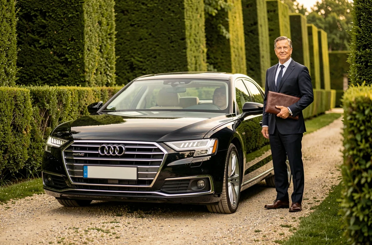 Chauffeur en costume classique debout devant une Audi A8 noire dans une propriété de prestige en Gironde, illustrant le service Lc Prestige