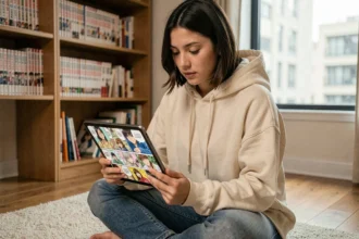 Jeune femme lisant des mangas sur une tablette dans un appartement cosy entouré de volumes de manga