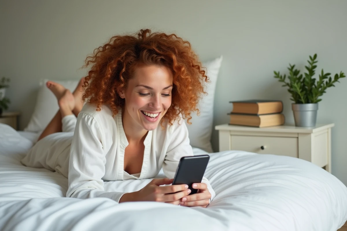 Jeune femme lisant sur smartphone une bibliothèque numérique allongée sur son lit à la maison