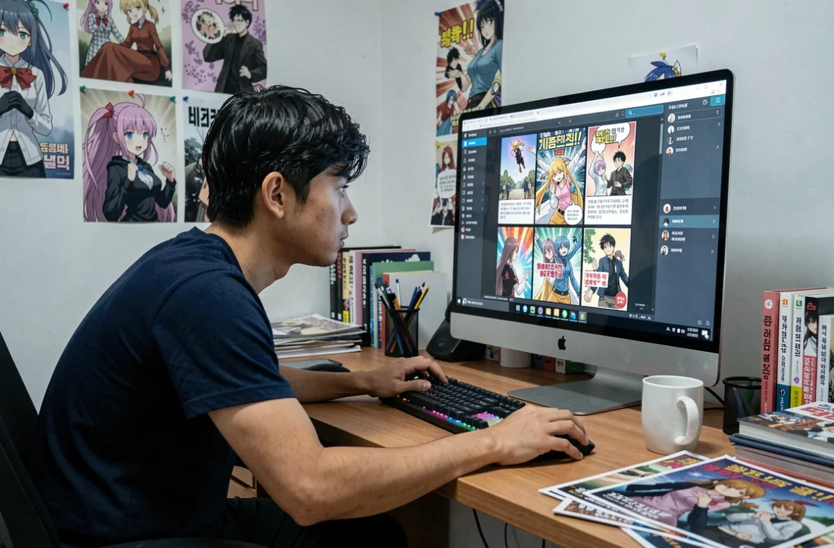 Homme lisant un webtoon sur ordinateur dans un bureau à domicile décoré d'affiches de manhwa