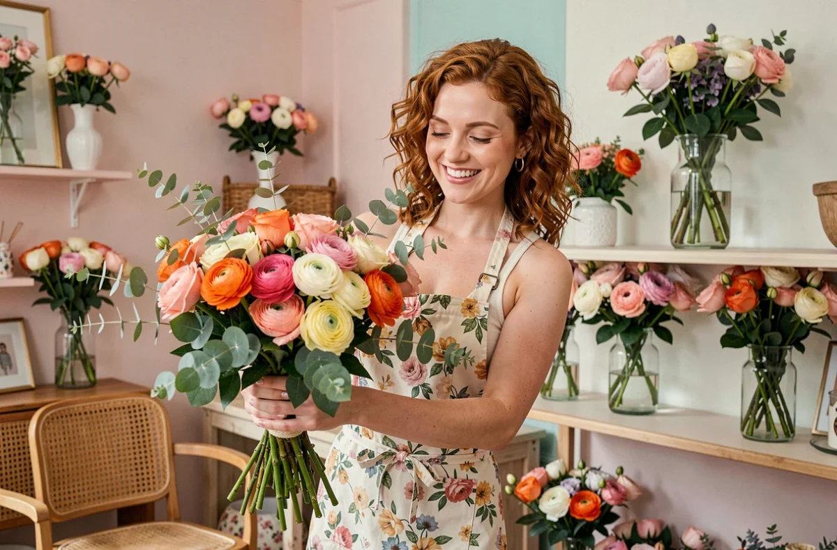 Fleuriste souriante aux cheveux bouclés arrangeant un bouquet coloré de roses et renoncules dans la boutique Les Fleurs de Fany à Lille