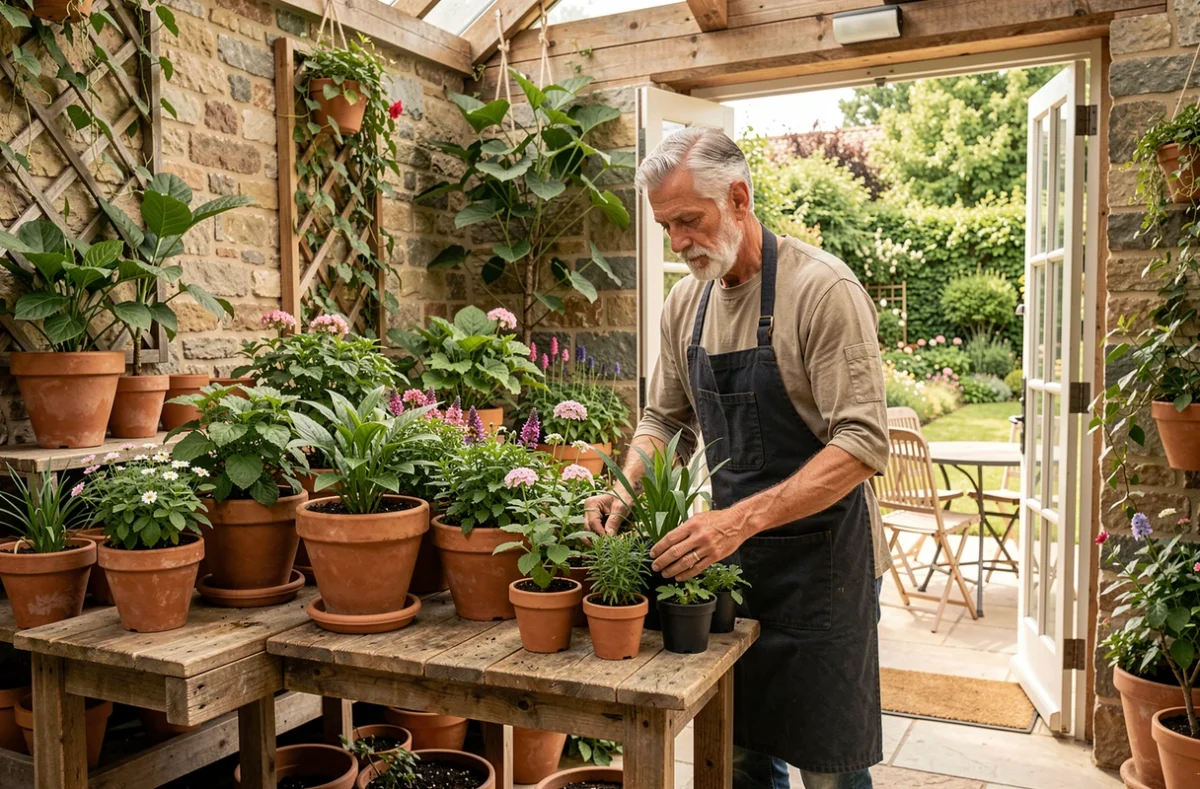 Fleuriste senior aux cheveux argentés arrangeant des plantes en pot dans la boutique jardinière Les Jardins d'Olivier à Méricourt