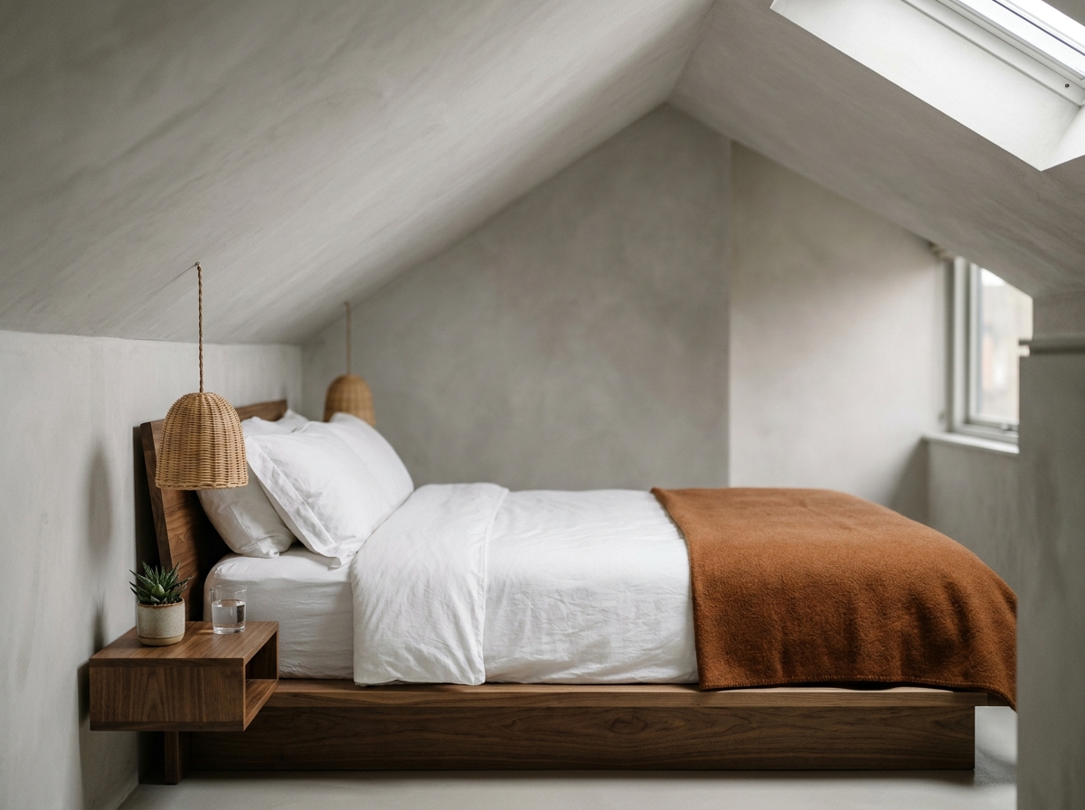Lit plateforme en bois sous plafond mansardé dans un duplex moderne, décoration scandinave minimaliste