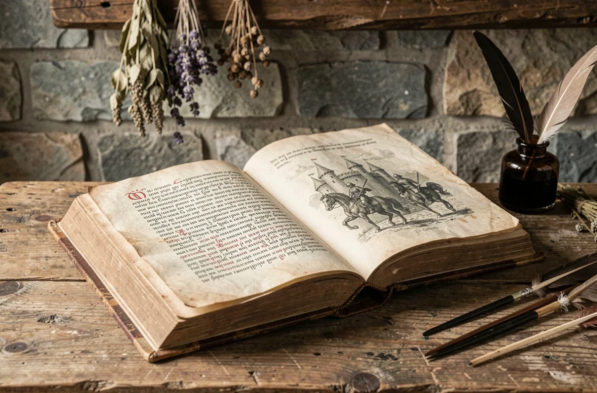 Livre ancien ouvert avec illustrations médiévales calligraphiées sur une table en bois rustique
